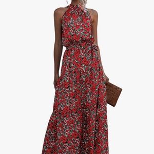 Red floral halter dress